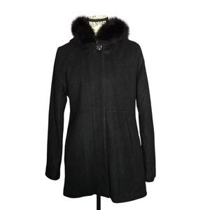SACHI Black Wool Hooded Pea Coat Full Zip with Fox Fur Trim Medium